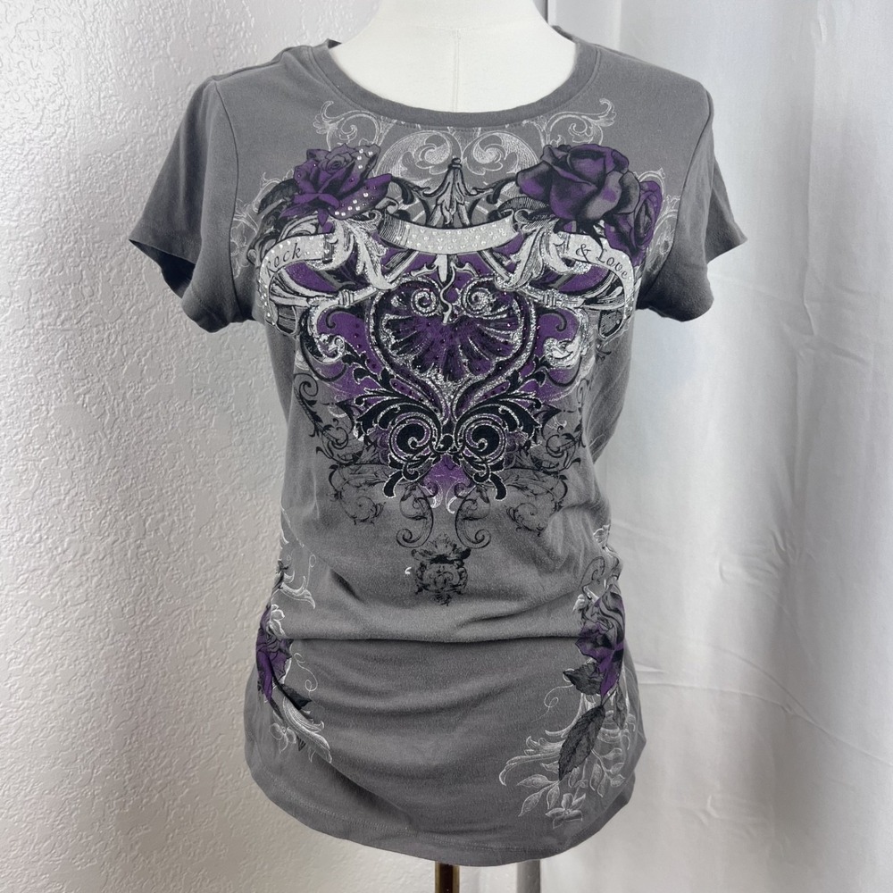 Y2K Tattoo Graphic Top Womens Large Gray Rhinestone Gothic Grunge Alt Biker